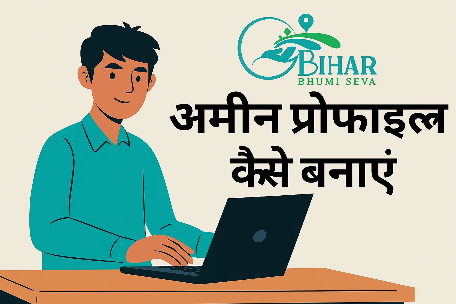Illustration of a man using laptop with Bihar Bhumi Seva logo, explaining how to create Amin profile online for land services