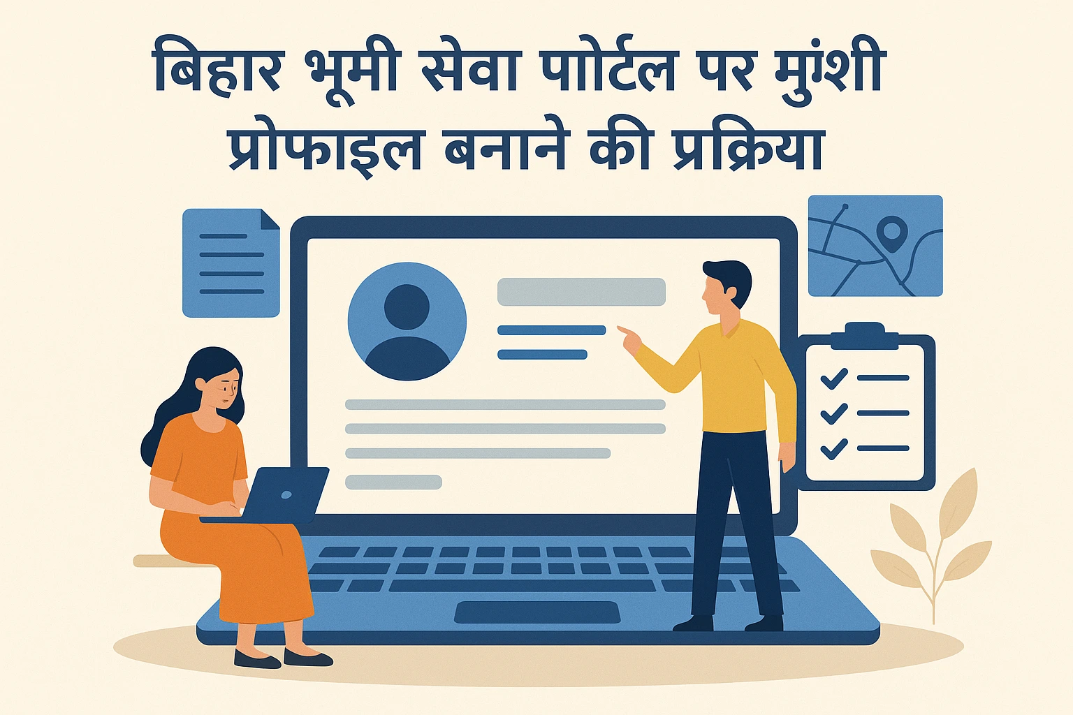 Illustration showing the process of creating a Munshi profile on Bihar Bhumi Seva Portal using laptop and documents