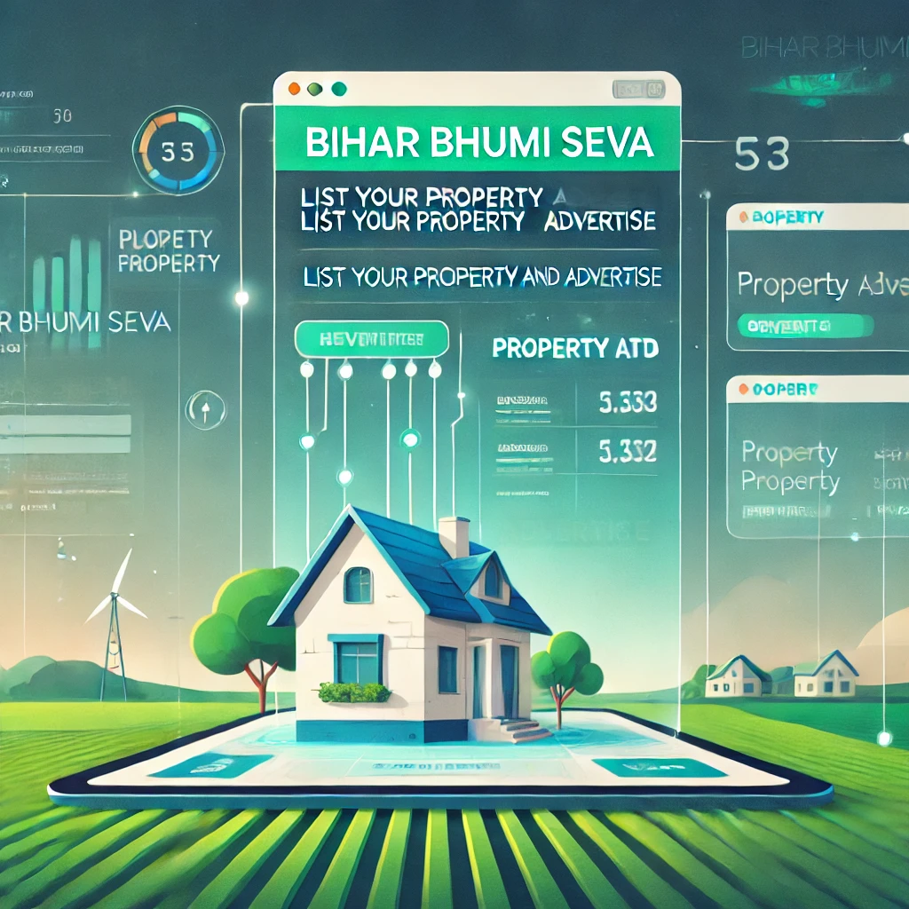 DALL·E 2024 12 15 20.56.33 A blog header image for the topic Bihar Bhumi Seva List Your Property and Advertise. The image includes a digital interface showing property listin